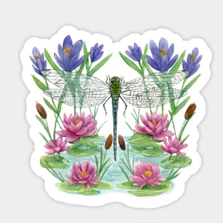 Spring Dragonfly with Water Lilies - Periwinkle Version Sticker